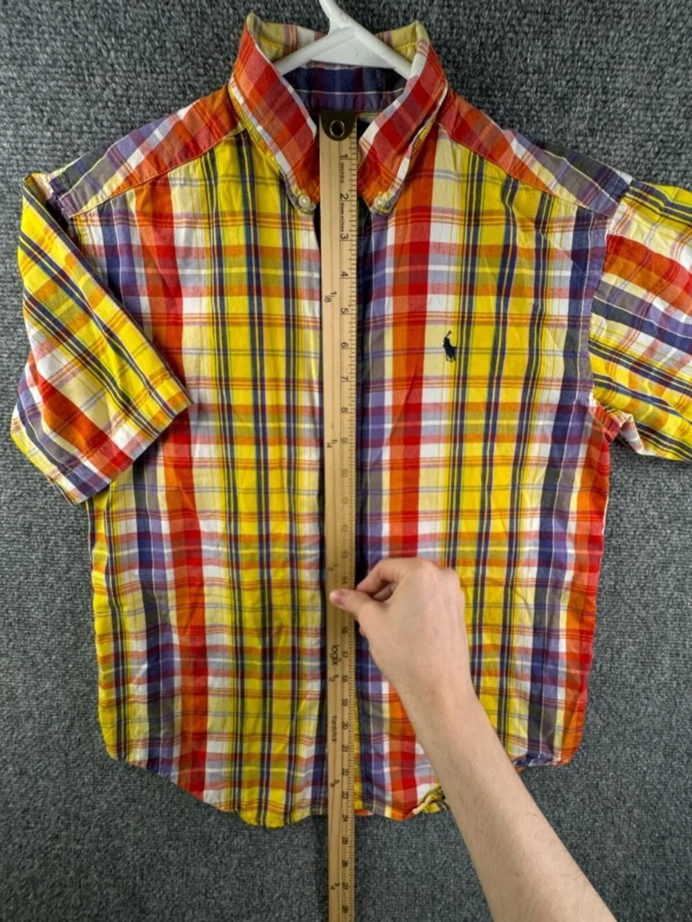Ralph Lauren Boys Size Medium Button Up Shirt Short Sleeve Yellow Orange Plaid